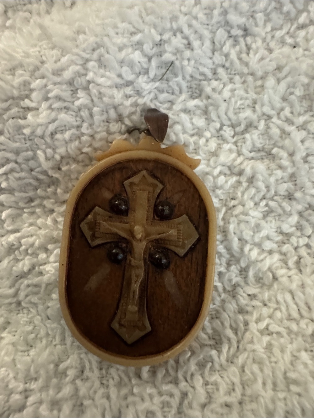 Religious Cross Wood and Ivory-Tone Pendant - Brown
